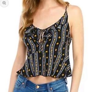 Intimately Free People Love To Love Black Floral Stripe Ruffle Hem Tank